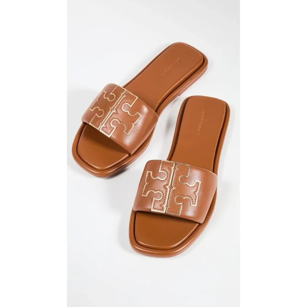 TORY BURCH WOMEN'S DOUBLE T SPORT SLIDES, BOURBON MIELE/GOLD, 9.5 MEDIUM US